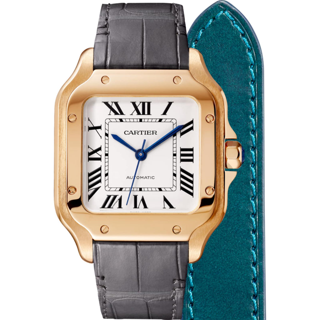 Santos de Cartier Medium Model | 35mm, 18K Rose Gold, Alligator Leather, Silver Dial