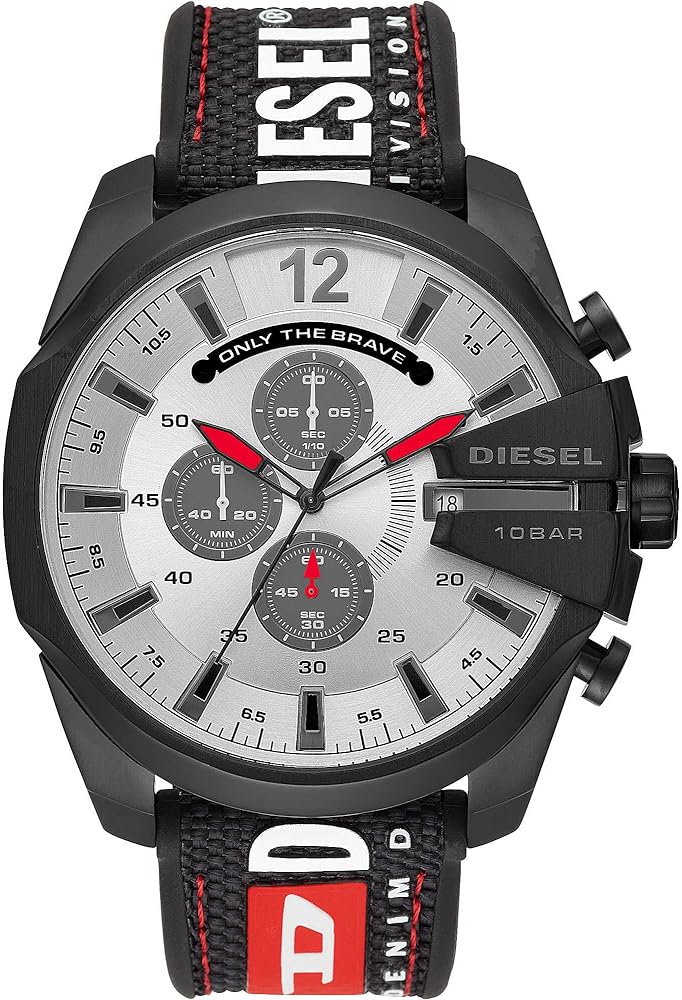Diesel DZ4512 Mega Chief Chronograph Men's Watch – Silver Dial & Black Leather Strap